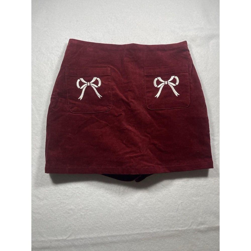 Altar'd State Burgundy Corduroy Skort XS Bow Pocket Mini Skirt Shorts